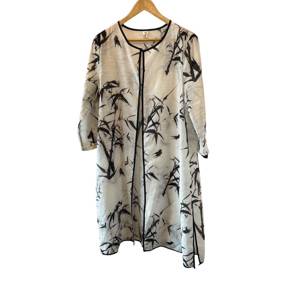 White Semi Sheer Cropped Sleeve Printed Long Open Over-piece XXL